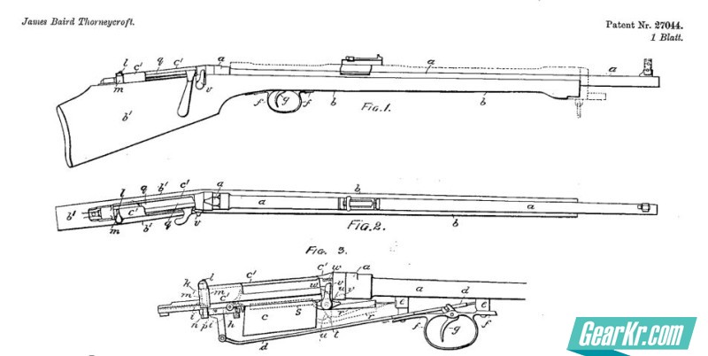 A drawing from the James Baird Thorneycroft's patent for his bullpup bolt-action rifle design